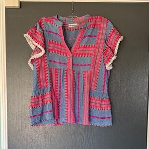 THML Blue and Pink Textured V-Neck Short Sleeve Top